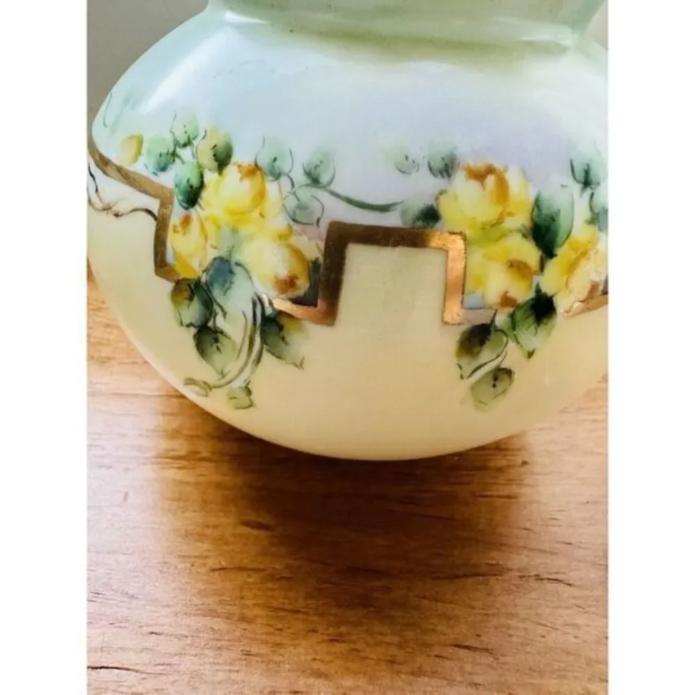 Vintage Hand Painted Yellow Flowers Vase Green & Gold‎ Accents 4.5